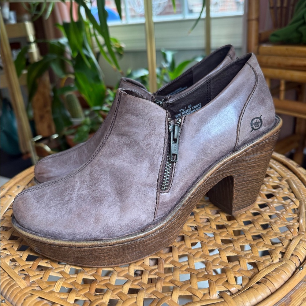 Born Taupe Leather Heeled Zip Booties